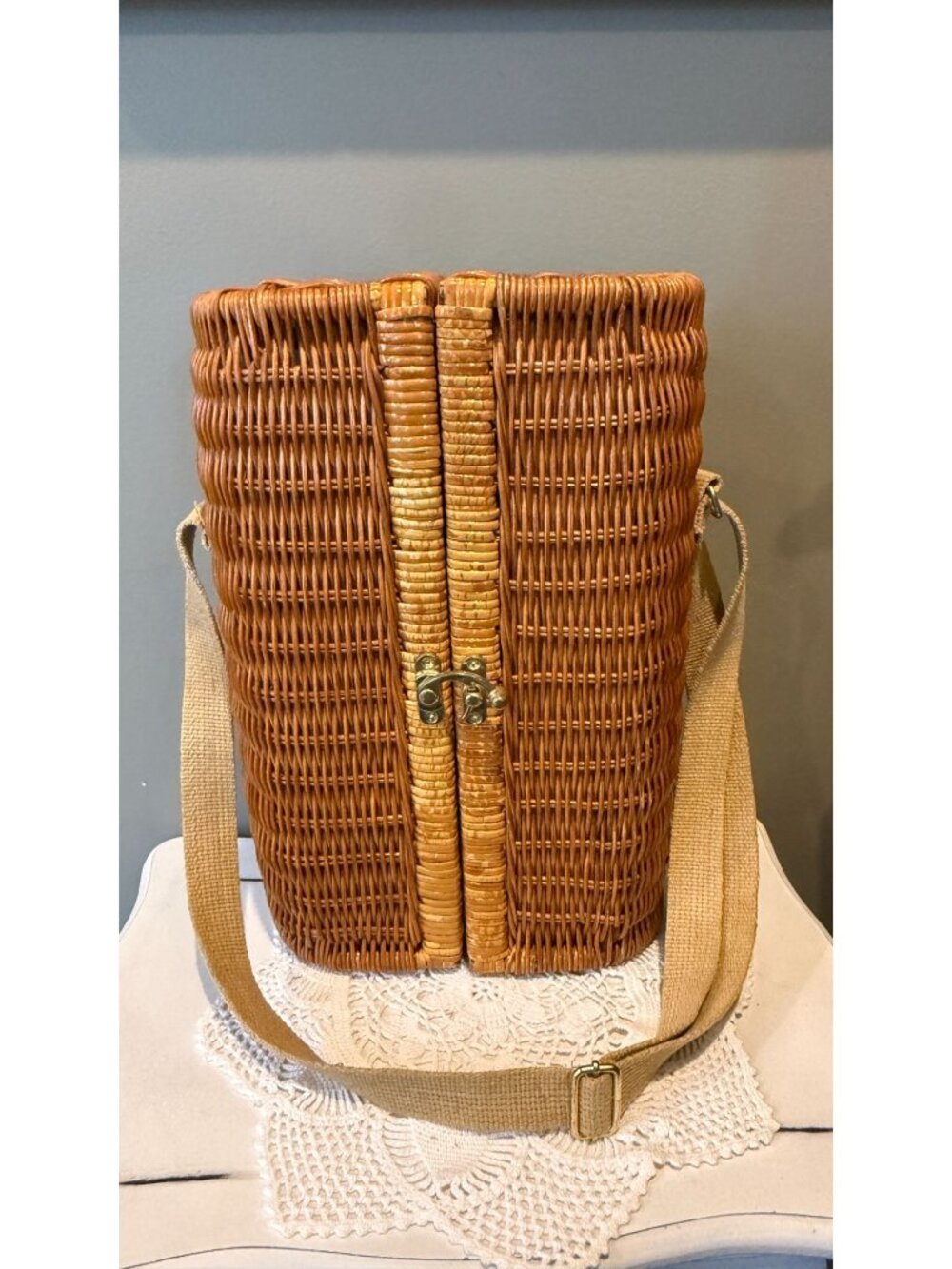 Wicker Wine Carrier Picnic Tote with Shoulder Strap Wine Bottle & Glass Holder